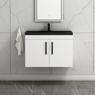 Royal Bathrooms Turin 800mm Wall Hung Vanity Unit 2 Door Gloss White With Black Basin & Handles - image 1