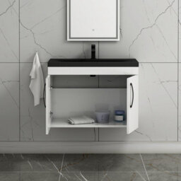 Royal Bathrooms Turin 800mm Wall Hung Vanity Unit 2 Door Gloss White With Black Basin & Handles - thumbnail 6