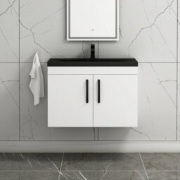 Royal Bathrooms Turin 800mm Wall Hung Vanity Unit 2 Door Gloss White With Black Basin & Handles - thumbnail 1