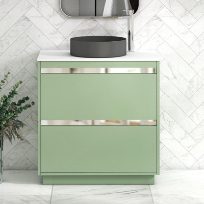 Royal Bathrooms Orion 800mm Mint Sage Floor Standing Plain White Countertop Vanity Unit 2 Drawer With Art Round Basin & Chrome Accent Trim - image 1