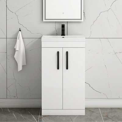 Royal Bathrooms Turin Gloss White 500mm Floor Standing Vanity Unit 2 Door With Mid-Edge Basin Sink & Matt Black Handles - image 1