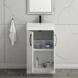 Royal Bathrooms Turin Gloss White 500mm Floor Standing Vanity Unit 2 Door With Mid-Edge Basin Sink & Matt Black Handles - thumbnail 3