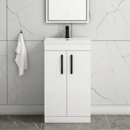 Royal Bathrooms Turin Gloss White 500mm Floor Standing Vanity Unit 2 Door With Mid-Edge Basin Sink & Matt Black Handles