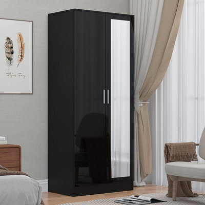 Reflect 2 Door Mirrored Wardrobe - Black Gloss & Black Oak - Hanging Rails & Shelves - H: 180Cm X W: 76Cm - Modern Sleek Design - image 1