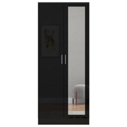 Reflect 2 Door Mirrored Wardrobe - Black Gloss & Black Oak - Hanging Rails & Shelves - H: 180Cm X W: 76Cm - Modern Sleek Design - thumbnail 7