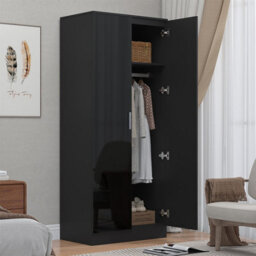 Reflect 2 Door Mirrored Wardrobe - Black Gloss & Black Oak - Hanging Rails & Shelves - H: 180Cm X W: 76Cm - Modern Sleek Design - thumbnail 2