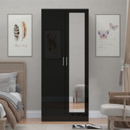 Reflect 2 Door Mirrored Wardrobe - Black Gloss & Black Oak - Hanging Rails & Shelves - H: 180Cm X W: 76Cm - Modern Sleek Design - thumbnail 3
