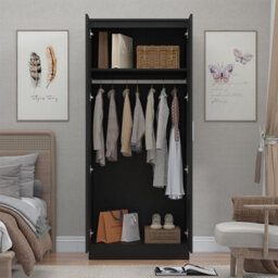 Reflect 2 Door Mirrored Wardrobe - Black Gloss & Black Oak - Hanging Rails & Shelves - H: 180Cm X W: 76Cm - Modern Sleek Design - thumbnail 4
