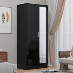 Reflect 2 Door Mirrored Wardrobe - Black Gloss & Black Oak - Hanging Rails & Shelves - H: 180Cm X W: 76Cm - Modern Sleek Design