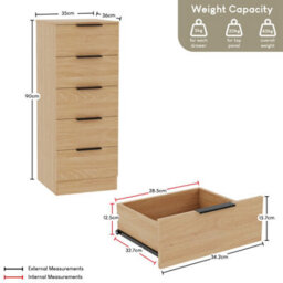 Lassic Vida Designs Trega 5-Drawer Narrow Chest In Pine Compact Storage Solution For Small Rooms & Nurseries, 900(H) X 345(W) X 360(D) - thumbnail 3