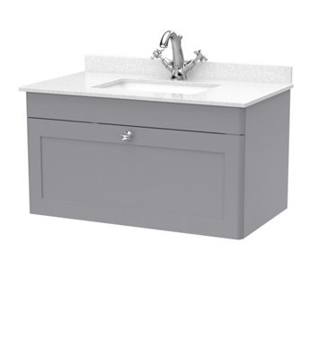 Balterley Swynnerton Traditional 1 Drawer Wall Hung Vanity Unit With Marble Basin, Satin Grey, 800mm - image 1