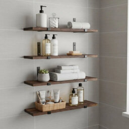 B Dark Wood - 4-Board + 8 Brackets Wooden Floating Shelves Set Wall Mount Display Shelf With Metal Brackets - thumbnail 6