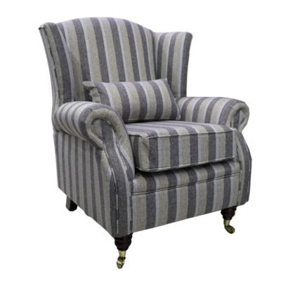 Fireside Wing Chair Gleneagles Stripe Silver Fabric High Back Armchair - image 1
