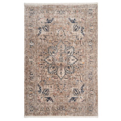 Loomed Blue Beige Regal Floral Medallion Soft Fringed Rug 120X170Cm - image 1