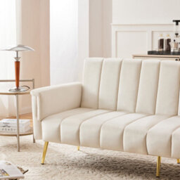 Matteo Beige Velvet Sofa Bed With Adjustable Split Backrest & Armrests, Metal Legs - Modern Convertible Sleeper - thumbnail 7
