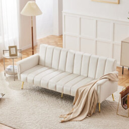Matteo Beige Velvet Sofa Bed With Adjustable Split Backrest & Armrests, Metal Legs - Modern Convertible Sleeper - thumbnail 5