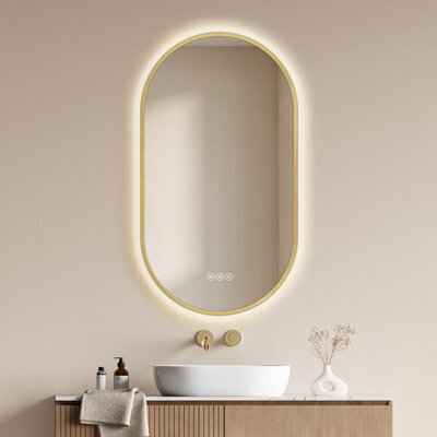 Emke Oval Led Bathroom Mirror 50 X 90Cm, Brushed Gold Aluminium Frame, 3 Colour Temperatures, Dimmable, Anti-Fog, Touch Control - image 1