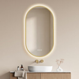 Emke Oval Led Bathroom Mirror 50 X 90Cm, Brushed Gold Aluminium Frame, 3 Colour Temperatures, Dimmable, Anti-Fog, Touch Control - thumbnail 1