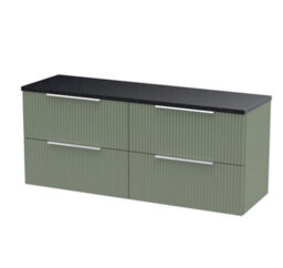 Hudson Reed Fluted Wall Hung 4-Drawer Vanity Unit & Black Laminate Worktop, Counter Top Vanity Unit In Satin Green, 1200mm