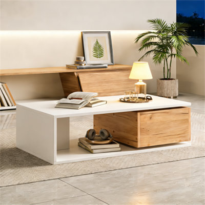 Abrihome Coffee Table With 360 Degree Rotating Drawer , Highgloss Centre Table With 1 Drawers, Space-Saving End Table,tea Table, White+Wood - image 1