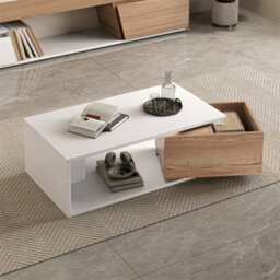 Abrihome Coffee Table With 360 Degree Rotating Drawer , Highgloss Centre Table With 1 Drawers, Space-Saving End Table,tea Table, White+Wood - thumbnail 8