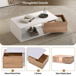 Abrihome Coffee Table With 360 Degree Rotating Drawer , Highgloss Centre Table With 1 Drawers, Space-Saving End Table,tea Table, White+Wood - thumbnail 3