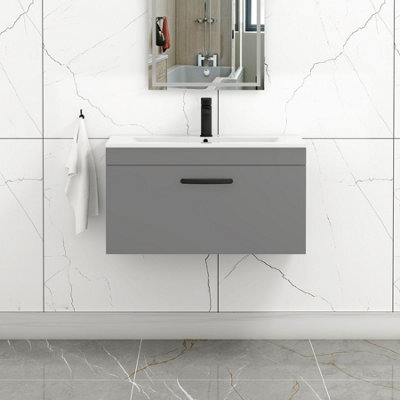 Royal Bathrooms Turin Indigo Grey Gloss 800mm Wall Hung Vanity Unit 1 Drawer With Minimalist Basin Sink & Matt Black Handles - image 1