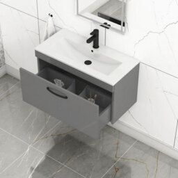 Royal Bathrooms Turin Indigo Grey Gloss 800mm Wall Hung Vanity Unit 1 Drawer With Minimalist Basin Sink & Matt Black Handles - thumbnail 3