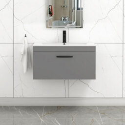 Royal Bathrooms Turin Indigo Grey Gloss 800mm Wall Hung Vanity Unit 1 Drawer With Minimalist Basin Sink & Matt Black Handles