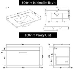 Royal Bathrooms Turin Indigo Grey Gloss 800mm Wall Hung Vanity Unit 1 Drawer With Minimalist Basin Sink & Matt Black Handles - thumbnail 8