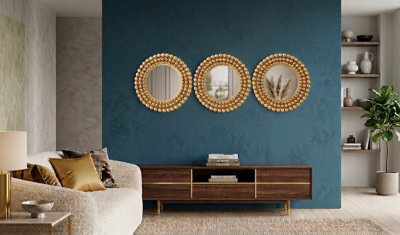 Biznest Set Of 3 Gold Round Beaded Design Wall Hanging Mirror Small Plastic Framed Home Art Decor Gift Idea 25X25X1.8Cm - image 1