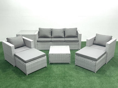Fimous 7 Seater Rattan Garden Furniture Set 3 Seater Sofa 2 Chair Square Coffee Table 2 Big Stools Side Table Light Grey - image 1