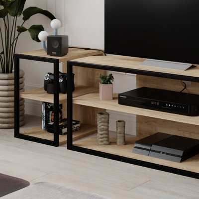 Decortie Modern Echo Tv Unit Set For Tvs Up To 43 Inches With 2 Storage Side Table, 3 Piece Set Media Centre, Living Room (Oak) - image 1