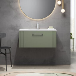 Balterley Belvide Partial Fluted 1 Drawer Wall Hung Vanity Unit With 1 Tap Hole Minimalist Basin - 800mm - Satin Green - thumbnail 2