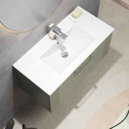 Balterley Belvide Partial Fluted 1 Drawer Wall Hung Vanity Unit With 1 Tap Hole Minimalist Basin - 800mm - Satin Green - thumbnail 3