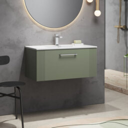 Balterley Belvide Partial Fluted 1 Drawer Wall Hung Vanity Unit With 1 Tap Hole Minimalist Basin - 800mm - Satin Green - thumbnail 6