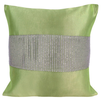 Velosso Diamonte Detail Embellished Cushion, Luxury Sofa Cushion Slip With Decorative Zip Closure - Green