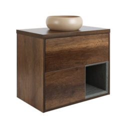 Homestylestore Dark Oak 800mm Led Lit Wall Hung Bathroom Vanity Unit Round Sand Countertop Basin Open Shelf - thumbnail 1