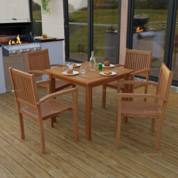 Outdoor Teak 5 Piece Dining Set With 4 Stacking Chairs And Square Table - Easy, Quick Assembly