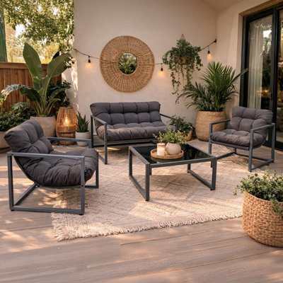 Neo 4 Pc Outdoor Metal Patio Furniture Set With Cushions Glass Coffee Table