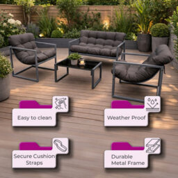Neo 4 Pc Outdoor Metal Patio Furniture Set With Cushions Glass Coffee Table - thumbnail 4