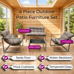 Neo 4 Pc Outdoor Metal Patio Furniture Set With Cushions Glass Coffee Table - thumbnail 3