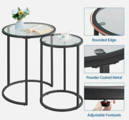Round Nesting Coffee Table Set, Stacking Sofa Side Table With Glass Top, Black - thumbnail 3