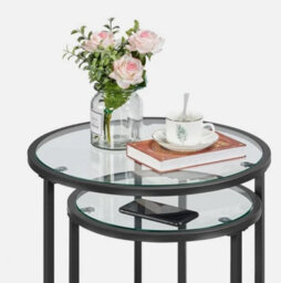 Round Nesting Coffee Table Set, Stacking Sofa Side Table With Glass Top, Black - thumbnail 2