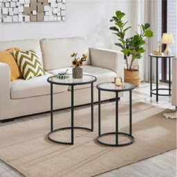 Round Nesting Coffee Table Set, Stacking Sofa Side Table With Glass Top, Black - thumbnail 1