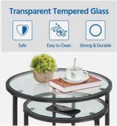Round Nesting Coffee Table Set, Stacking Sofa Side Table With Glass Top, Black - thumbnail 4