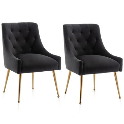 Seynar Velvet Tufted Dining Chairs With Gold Legs Set Of 2, Black, Upholstered For Living Or Study Room - image 1