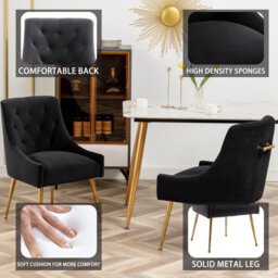 Seynar Velvet Tufted Dining Chairs With Gold Legs Set Of 2, Black, Upholstered For Living Or Study Room - thumbnail 3