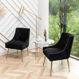 Seynar Velvet Tufted Dining Chairs With Gold Legs Set Of 2, Black, Upholstered For Living Or Study Room - thumbnail 6
