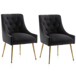 Seynar Velvet Tufted Dining Chairs With Gold Legs Set Of 2, Black, Upholstered For Living Or Study Room